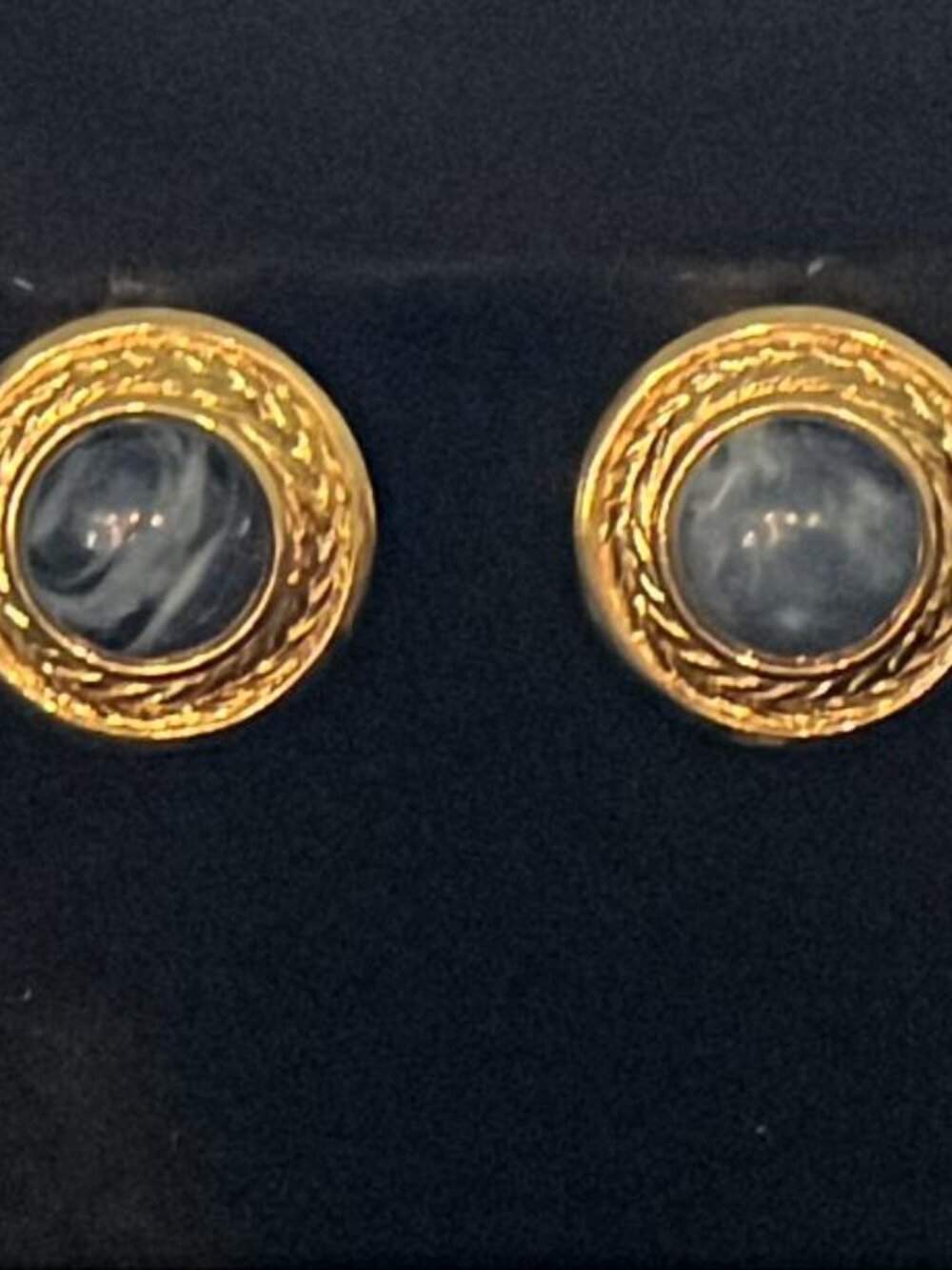 Trifari Vintage Marbled Blue and White Cabochons in Gold Tone Frame Earrings